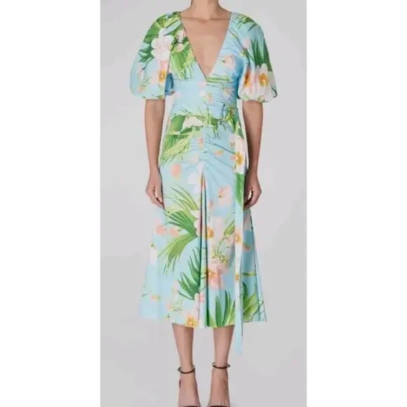 Carolina Herrera Blue Floral-Print Ruched Poplin Sleeve MIDI Dress Size 8 (V3 - Picture 1 of 9